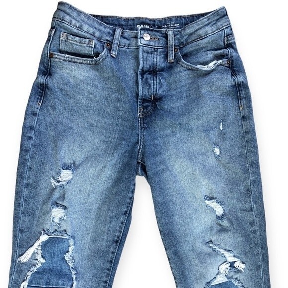 Old Navy High Rise O.G Straight Secret Slim Pockets Distressed Denim Jeans - Picture 2 of 6